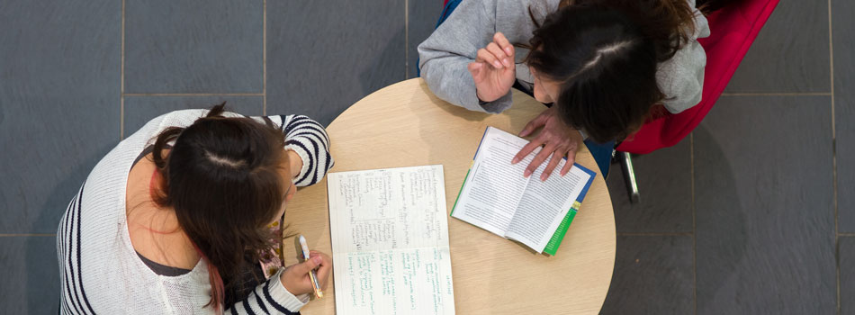 Birdseye view of two women studying at a round table.